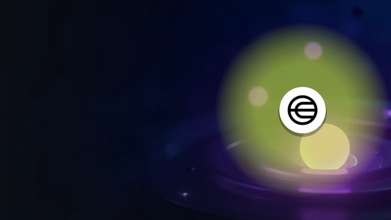 Worldcoin-logoet over en mørk baggrund med en glødende violet kugle.