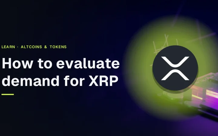 The guide title How to evaluate demand for XRP with the real XRP logo over a dark desk with a glass block, blank discs and glowing violet bars.