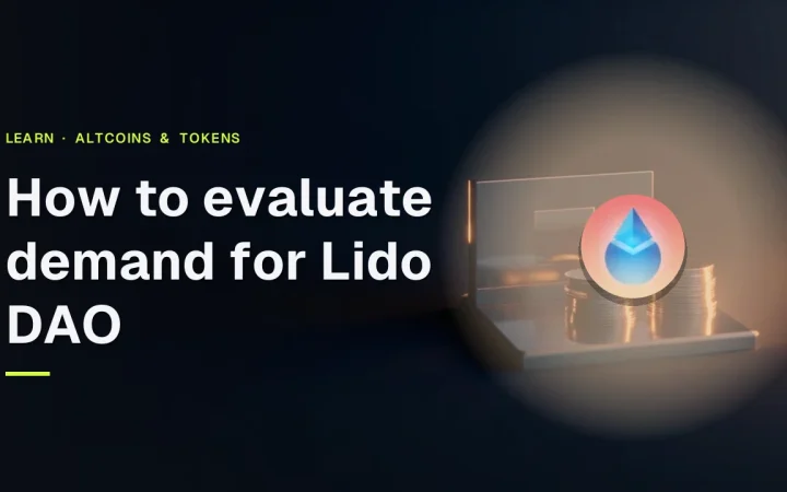 Lido DAO의 수요를 평가하는 방법이라는 제목과 그 로고가 주황색으로 빛나는 어두운 남색 유리 코인, 금고, 강철 판 위에 표시됩니다.