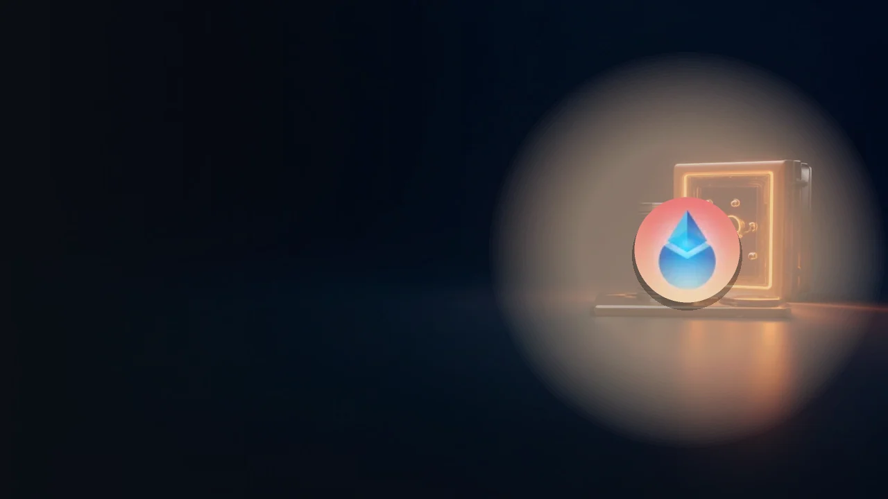 Het Lido DAO-logo boven donkerblauwe glazen munten, een kluis en een stalen plaat verlicht in oranje.