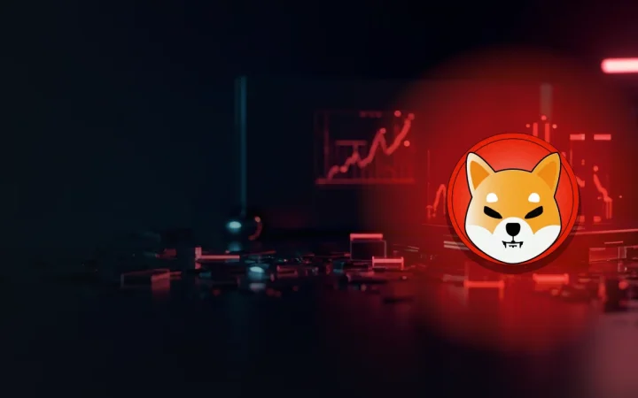 Das Shiba Inu-Logo auf einem dunkelblauen Hintergrund mit leuchtenden roten Charts und Glasblöcken.