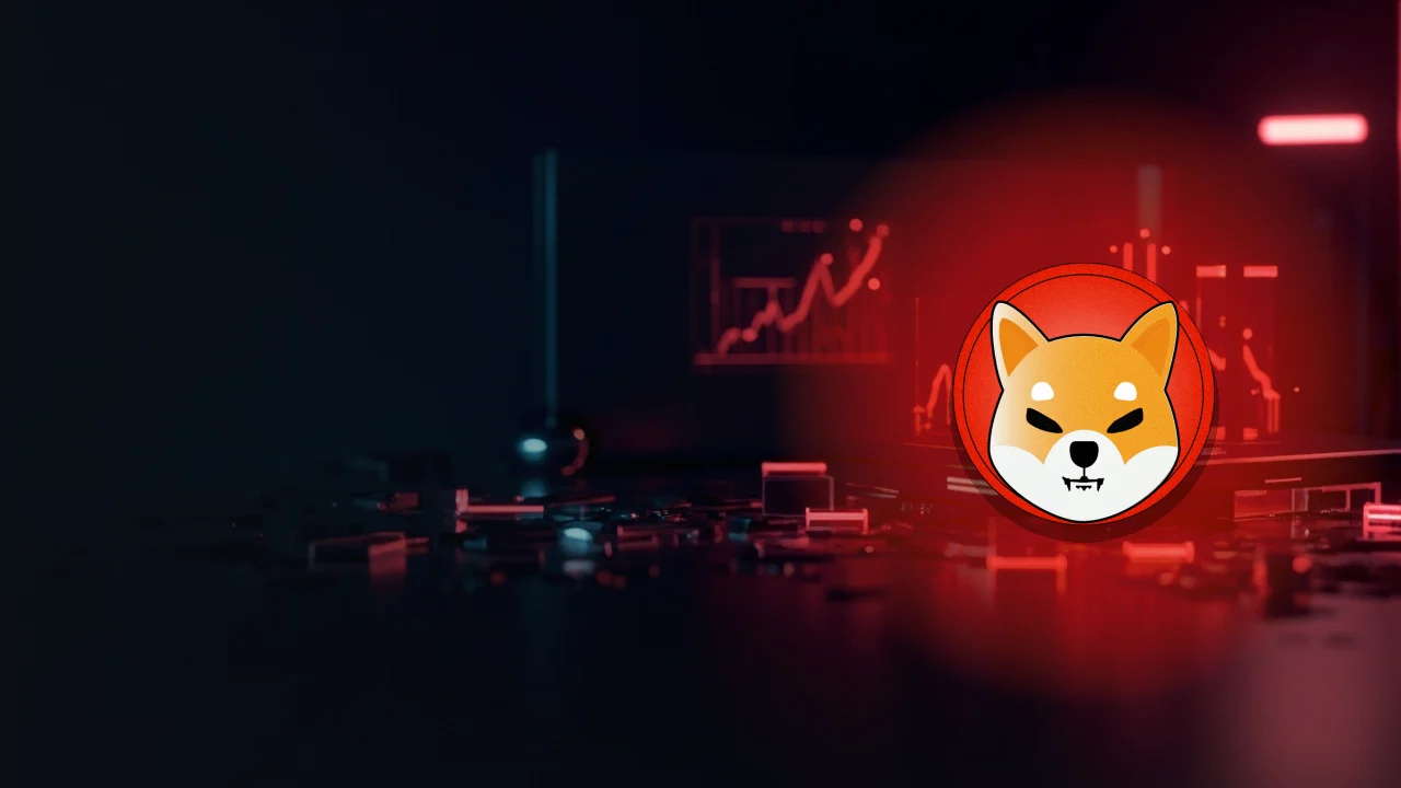 濃紺の背景にShiba Inuのロゴ、赤く光るチャートとガラスのブロック。