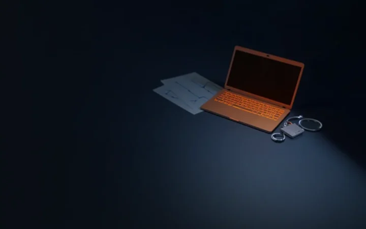 Et mørkt skrivebord med en lysende laptop, tomme grafer, et forstørrelsesglas og en hængelås.