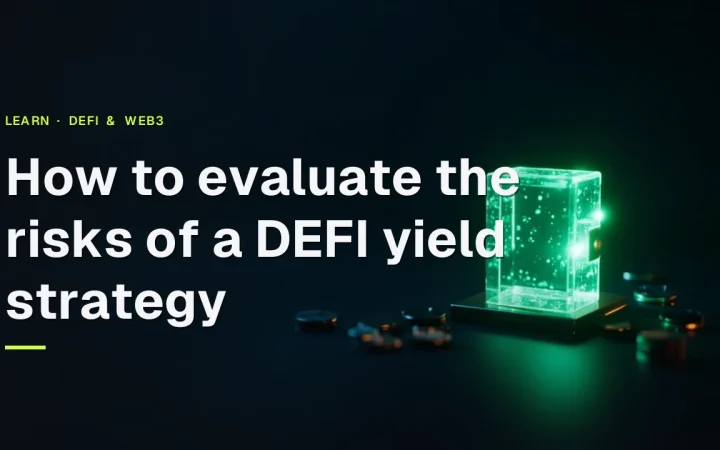 A dark navy desk with a glowing emerald green smart contract crystal, glass vault, and blank tokens; the left side stays empty.