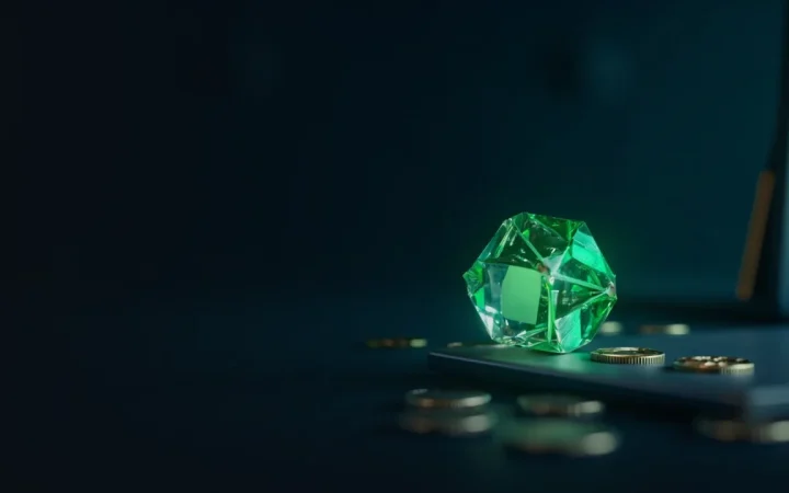 Een donkerblauw bureau met een gloeiend smaragdgroen smart-contractkristal, een glazen kluis en blanco tokens; de linkerkant blijft leeg.