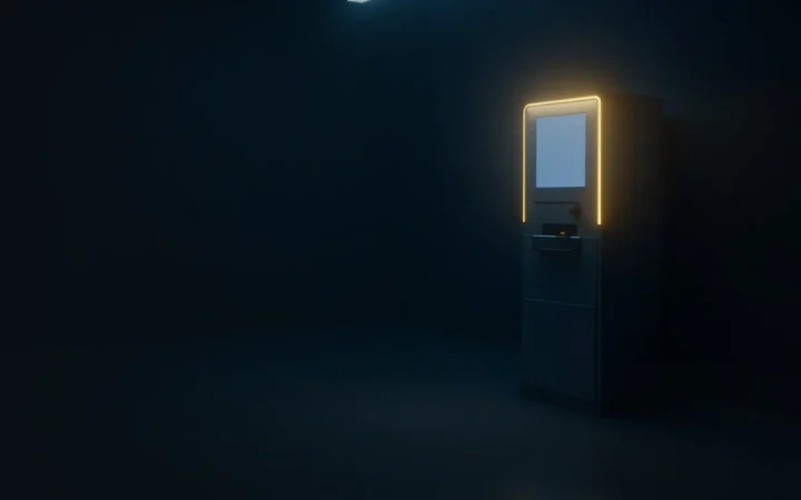 Et mørkt rum med en tom pengeautomat-kiosk til højre og gylden glød.
