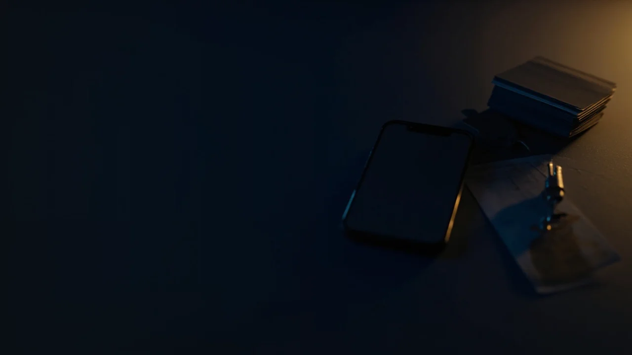 A dark navy desk with a blank smartphone, cards, key and paper lit by gold accents, left side empty and shadowy.