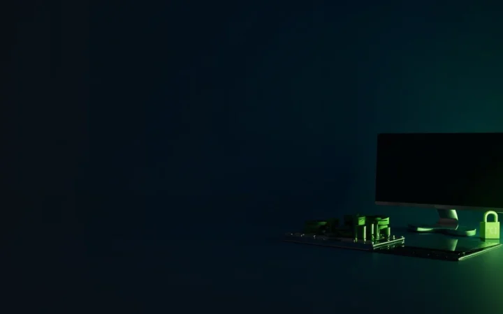 A dark navy scene with a hardware wallet, steel plate, and padlock lit by lime green accents.