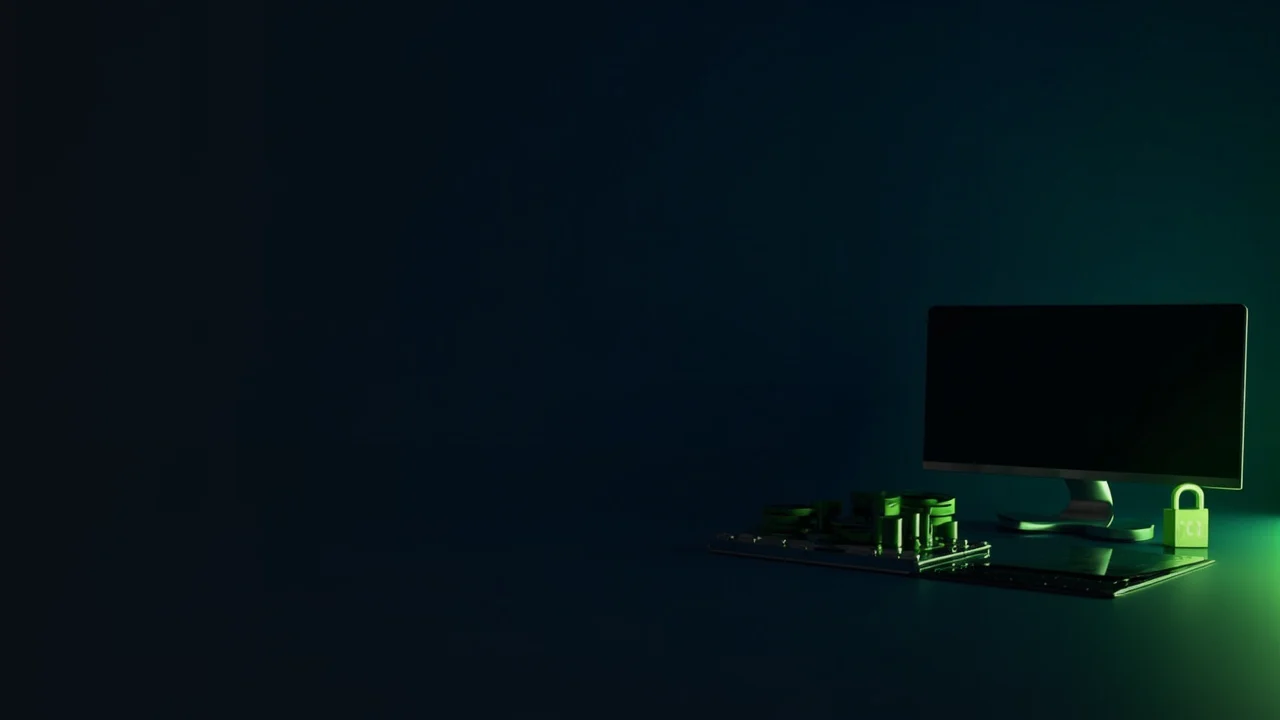A dark navy scene with a hardware wallet, steel plate, and padlock lit by lime green accents.