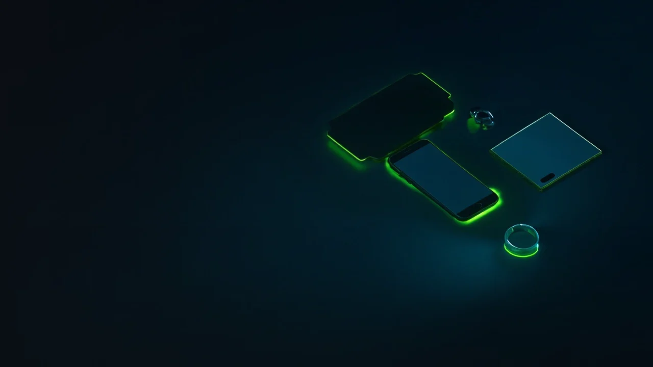 Un bureau sombre avec un portefeuille matériel, une plaque en acier, un cadenas, une facture papier et des accents vert lime lumineux à droite.