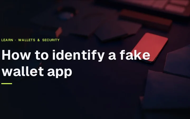 The title How to identify a fake wallet app over a dark desk with a phone, padlock and shield in red glow.