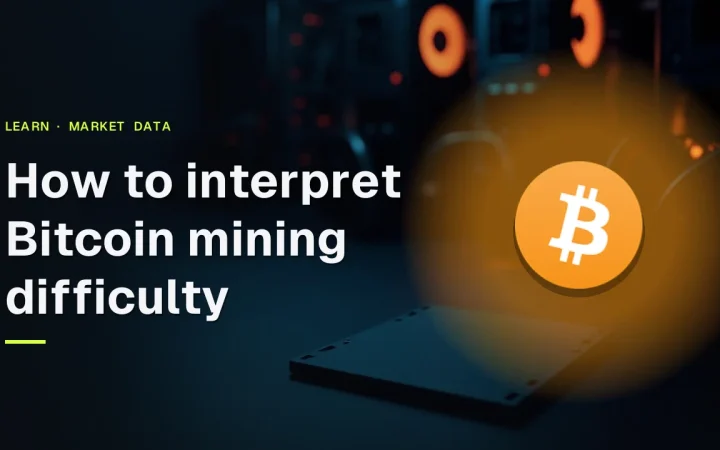 Titlen 'How to interpret Bitcoin mining difficulty' med Bitcoin-logoet over et mørkt rum med mining-maskiner og orange lys.