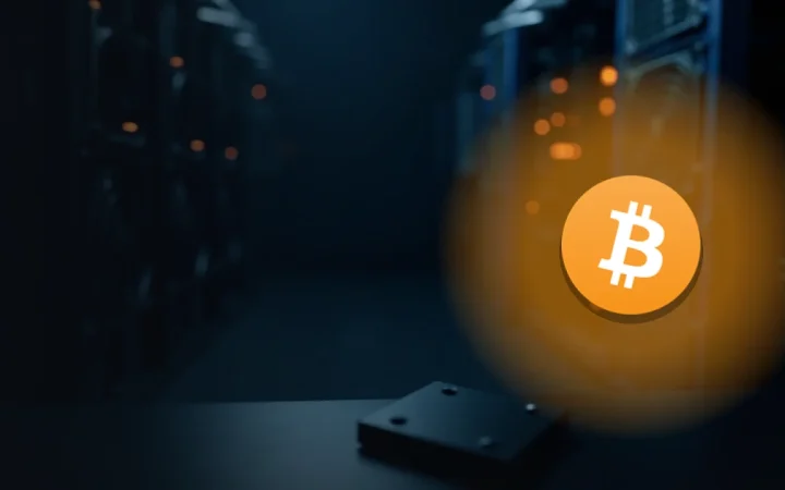 Bitcoin-logoet over et mørkt rum med mining-maskiner og orange lys.