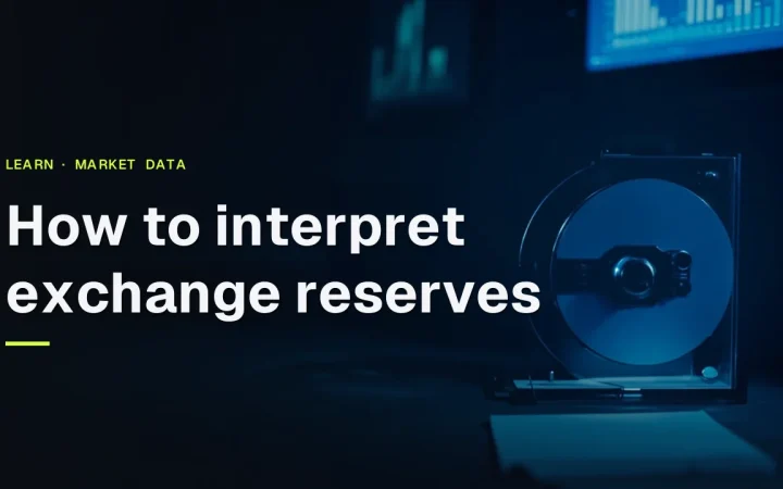 The title 'How to interpret exchange reserves' over a dark desk with glowing blue monitors, blank papers and a glass vault door.