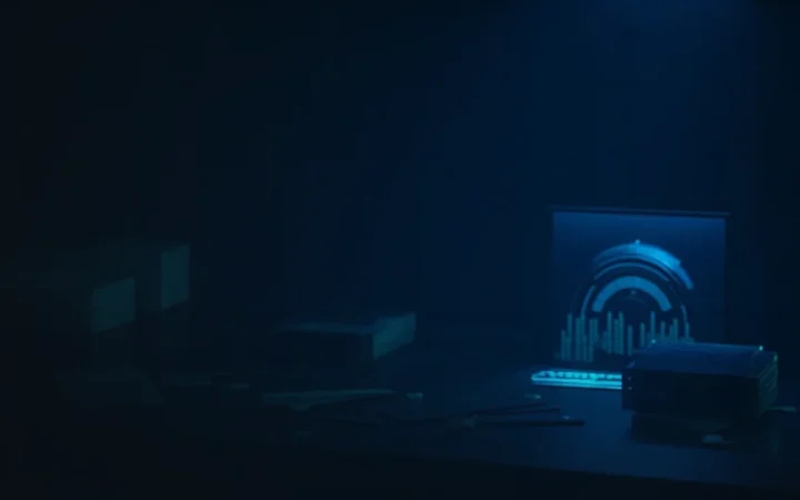 Un bureau sombre avec des écrans bleu lumineux, des papiers vierges et une porte de coffre en verre.