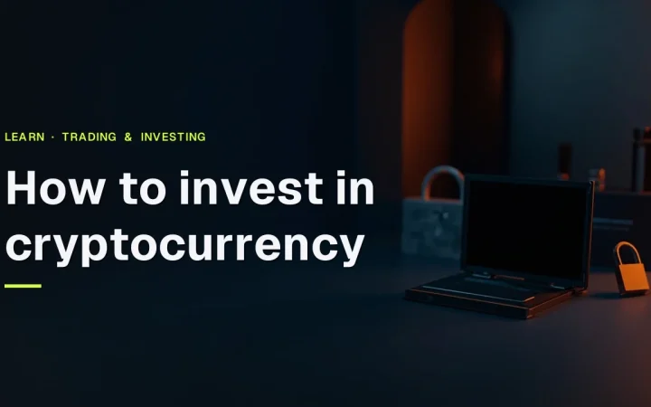 The title 'How to invest in cryptocurrency' over a dark navy desk with a hardware wallet, steel plate, padlock, and shield lit by orange glow.