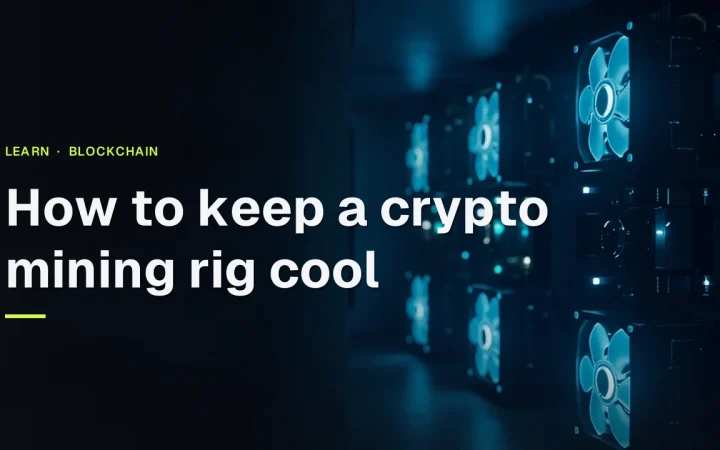 A dark navy room with mining rigs, glowing cyan fans and cables on the right, and a dark empty left side.
