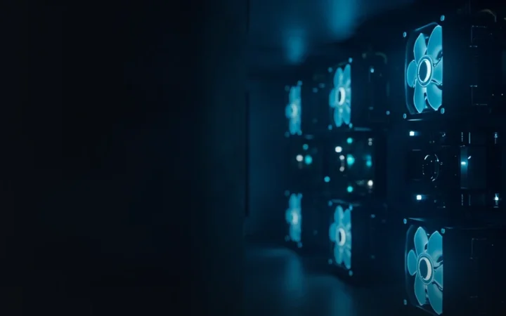 Et mørkt navyblåt rum med mining-rigs, lysende cyanblæsere og kabler til højre og en mørk, tom venstre side.