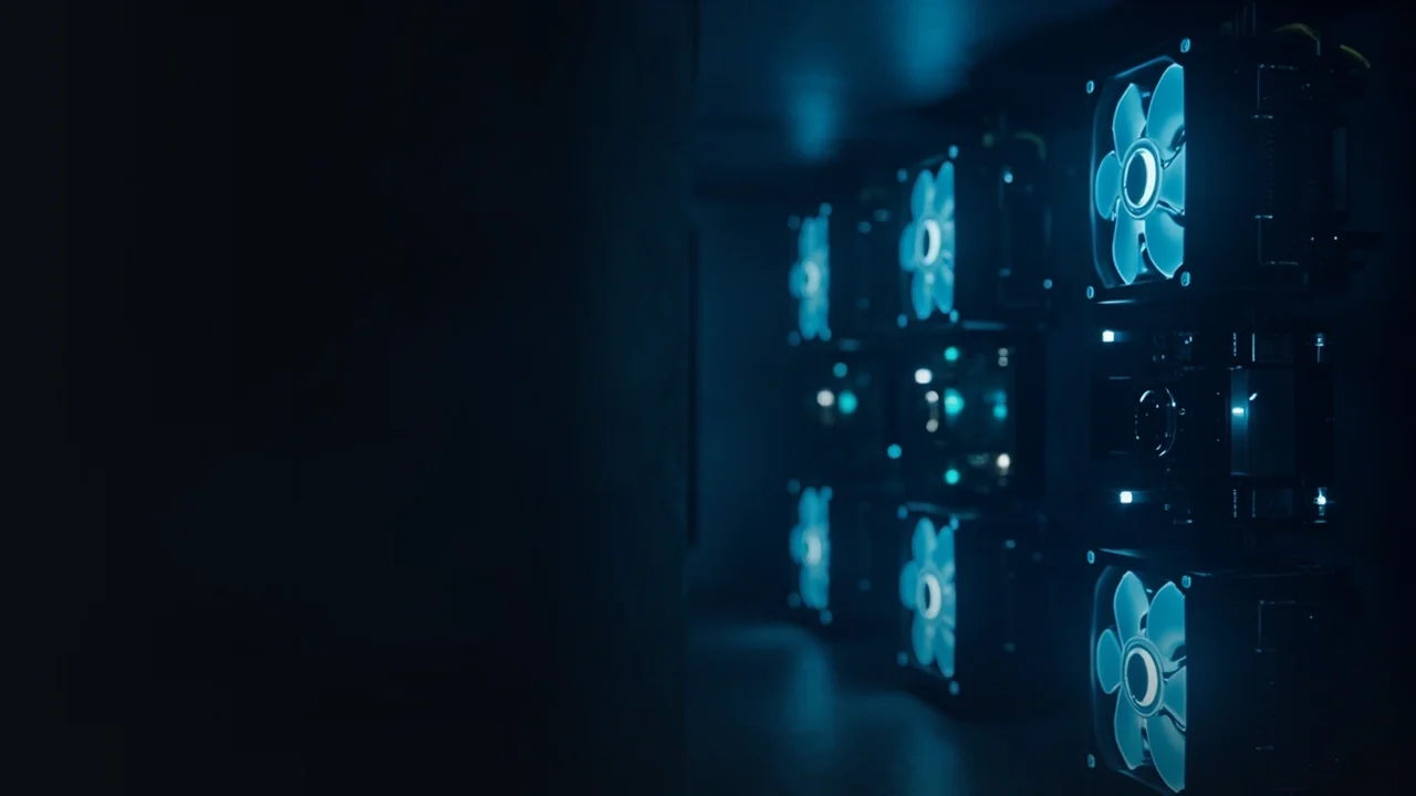 A dark navy room with mining rigs, glowing cyan fans and cables on the right, and a dark empty left side.