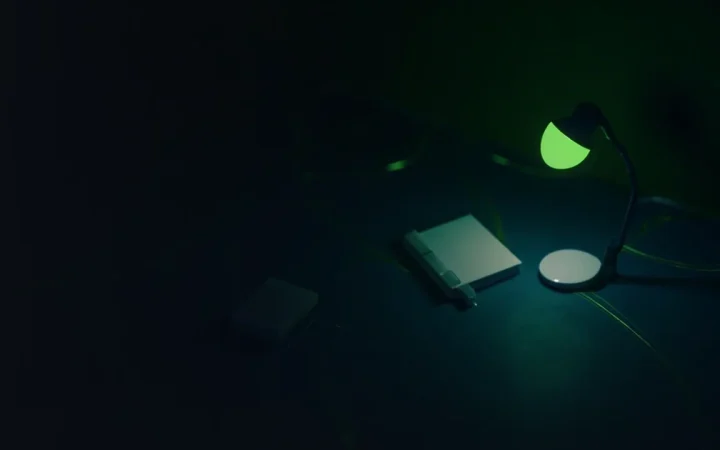 Un bureau bleu marine foncé avec des cartes d'étude en verre vierges, un carnet simple et des lignes lumineuses vert lime sur le côté droit.