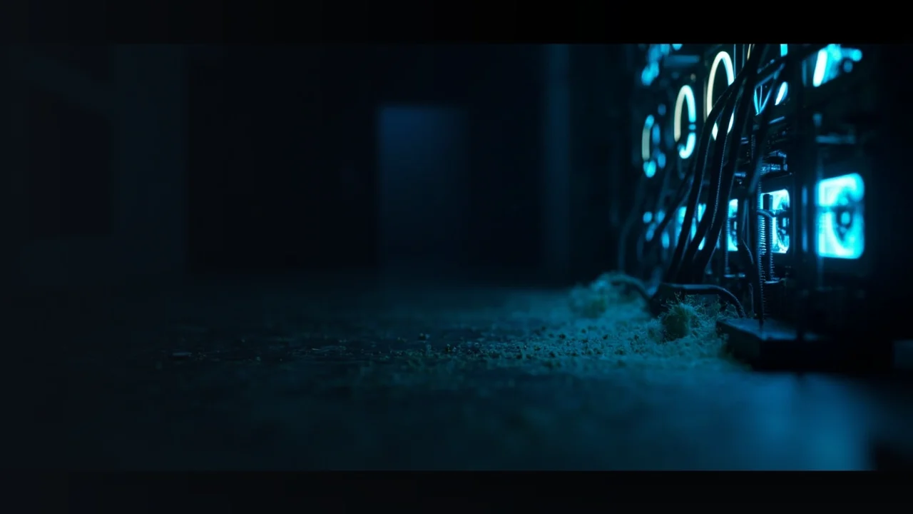 A dark mining rig background with glowing fans, cables and cyan blue light on the right.