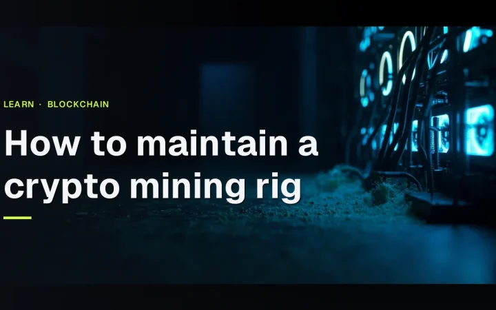 Title text over a dark mining rig background with glowing fans, cables and cyan blue light on the right.