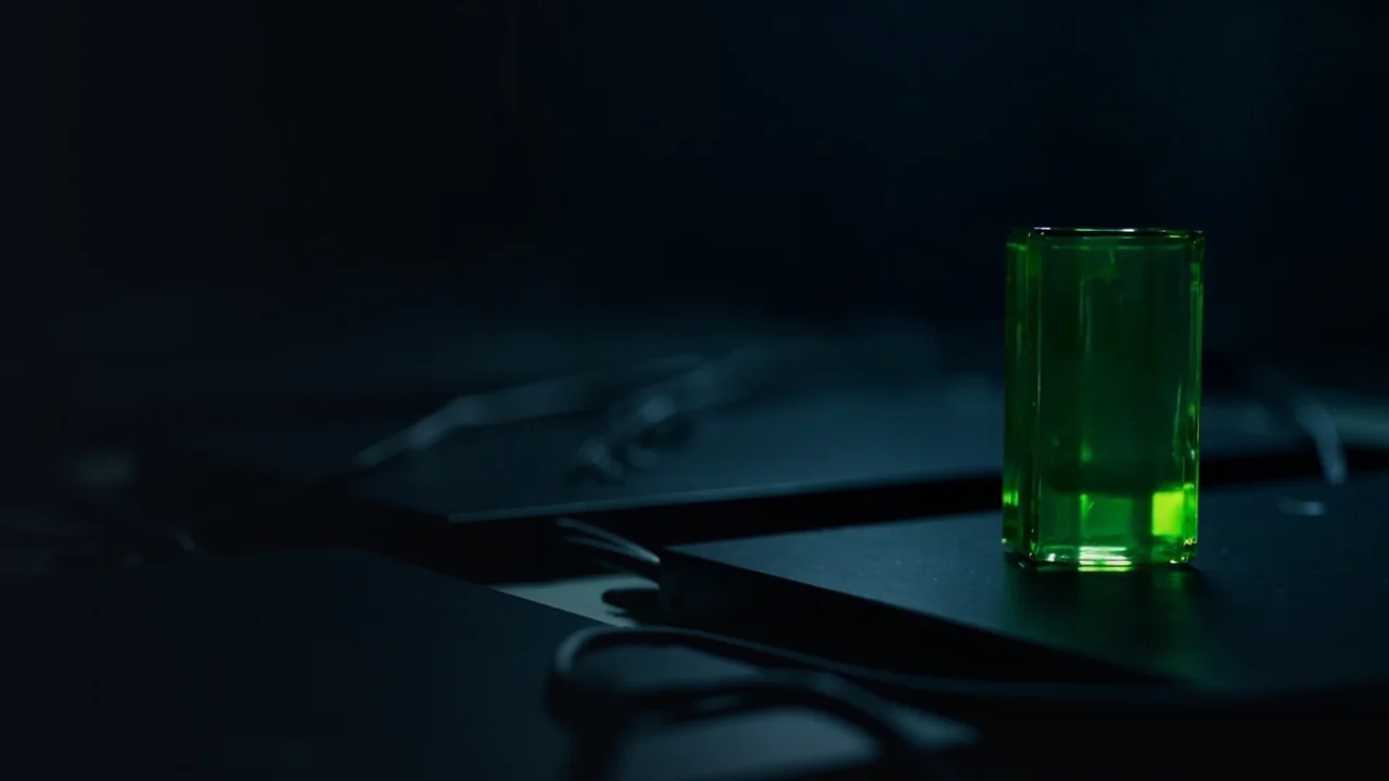 A dark desk with a glowing glass block and blank plates.
