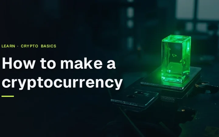 How to make a cryptocurrency title over a dark desk with a glowing glass block and blank plates