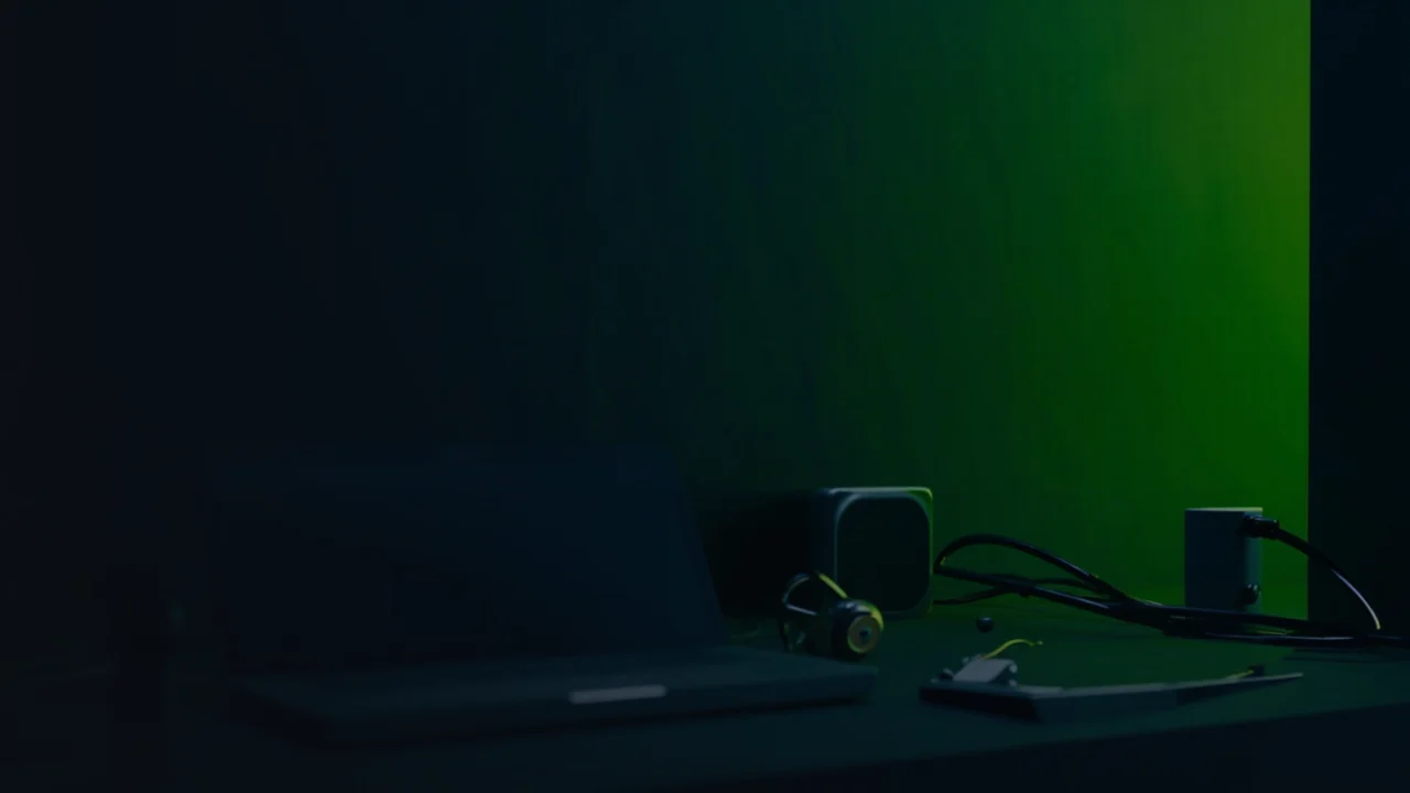 Et mørkeblåt skrivebord med en tom laptop, en hardware wallet og en hængelås oplyst af limegrønt.