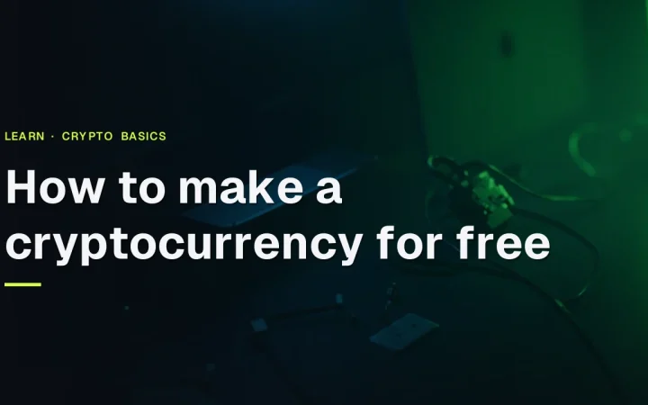 The title How to Make a Cryptocurrency for Free over a dark navy desk with a blank laptop, hardware wallet, and padlock lit by lime green.