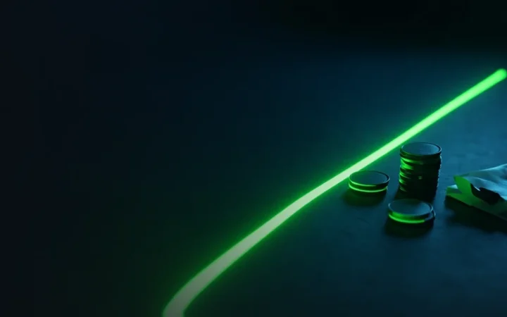 Un fond bleu marine foncé avec une pile de pièces vierges, un portefeuille matériel et un grand livre à droite, éclairés par une lumière vert lime.