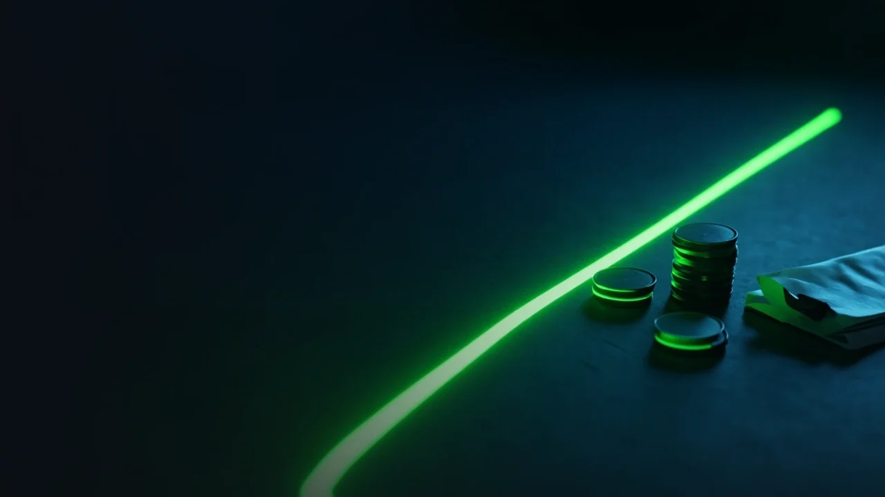 A dark navy background with a stack of blank coins, a hardware wallet and a ledger on the right, lit by lime green light.