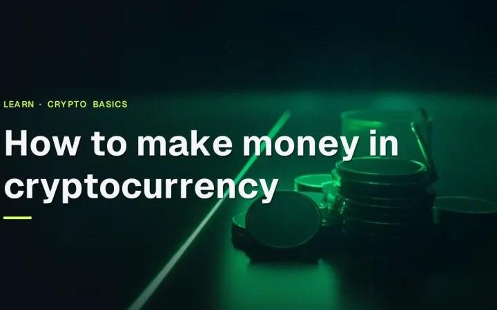 Ein dunkelblauer Hintergrund mit einem Stapel leerer Münzen, einer Hardware-Wallet und einem Ledger rechts, beleuchtet von limettengrünem Licht.