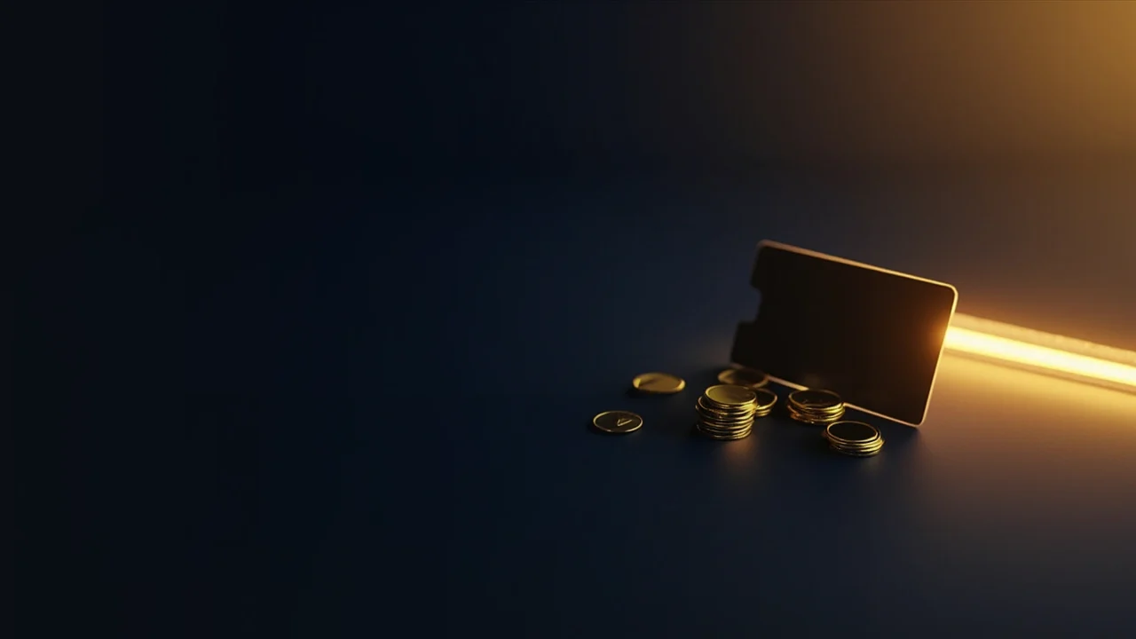 A dark navy background with a small stack of blank gold coins and a plain wallet card lit from the right.