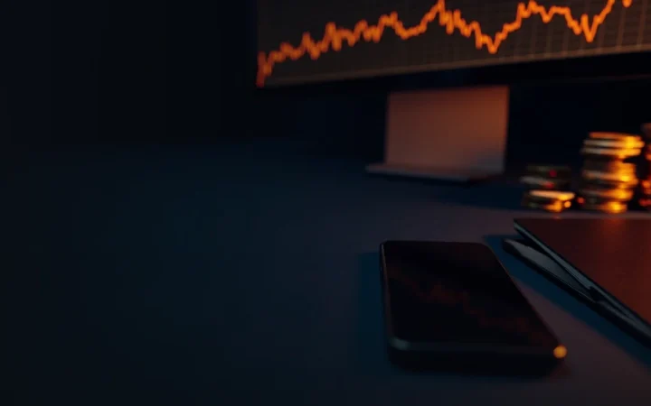 Un bureau sombre avec des graphiques orange lumineux, des jetons vierges et un téléphone vierge.