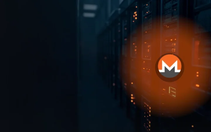 Monero-logoet over et mørkt serverrum med glødende orange computertårne.