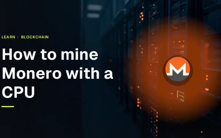 Titlen Sådan miner du Monero med en CPU og Monero-logoet over et mørkt serverrum med glødende orange computertårne.