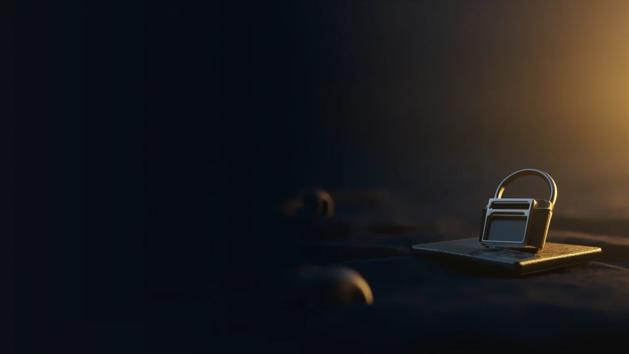 Un fond bleu marine foncé avec un cadenas en acier, un portefeuille matériel et une plaque en acier à droite, éclairés par une douce lumière dorée.