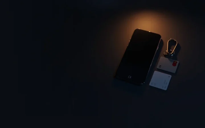 En tom telefon, et ID-kort og et bankkort på et mørkt skrivebord under gyldent lys.