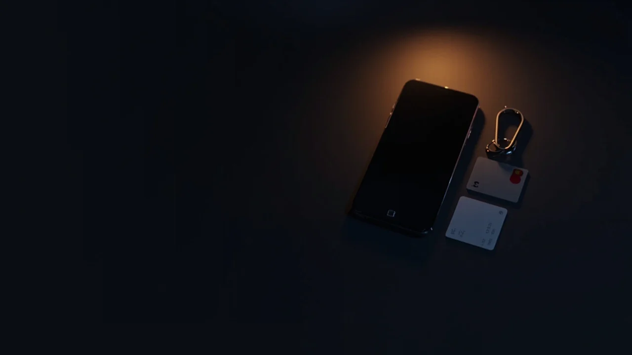 Un teléfono en blanco, un documento de identidad y una tarjeta bancaria sobre un escritorio oscuro bajo una luz dorada.