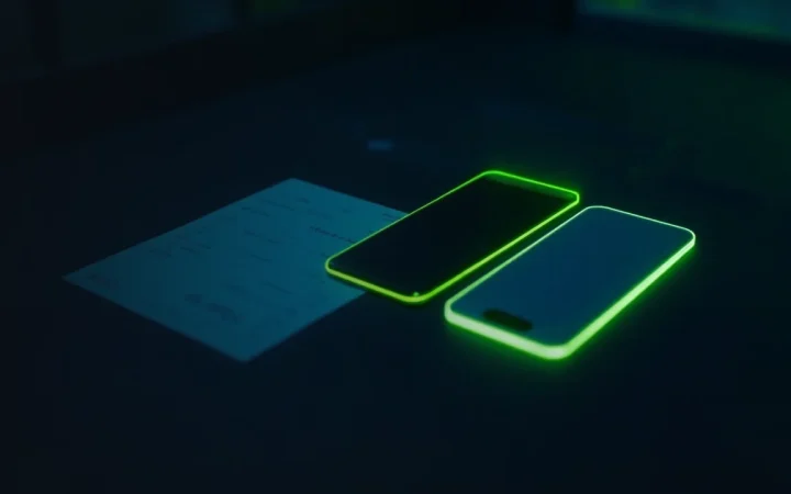 Un bureau sombre avec un terminal en verre et une facture vierge, éclairé par une lueur vert lime.