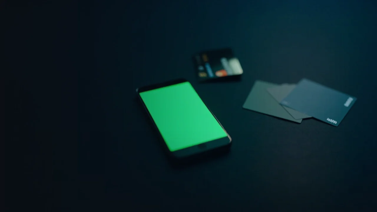 Un bureau sombre avec un téléphone lumineux, un portefeuille matériel et des cartes de paiement vierges.