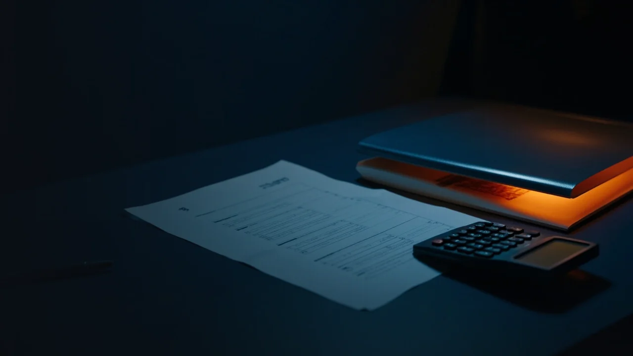 Un fond bleu marine foncé avec des formulaires fiscaux vierges, une calculatrice, un stylo et un dossier à droite.