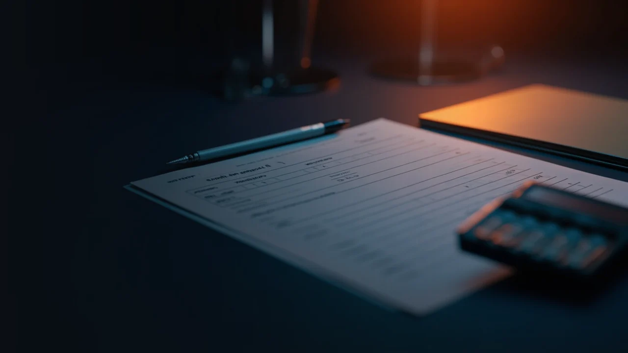 Leere Steuerformulare, ein Taschenrechner, ein Stift und eine Mappe auf einem dunklen Schreibtisch.