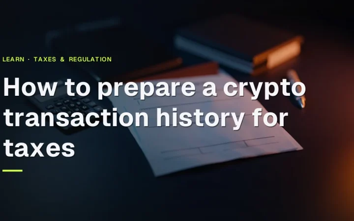 The title How to prepare a crypto transaction history for taxes over blank tax forms, a calculator, a pen and a folder on a dark desk.