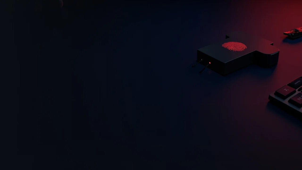 A dark navy desk with a glowing red fingerprint scanner, a security key fob and a blank keypad, the left side empty and dark.