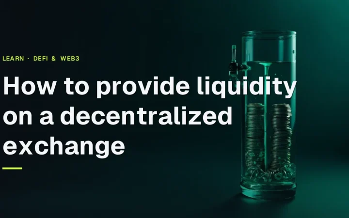 A dark navy background with a glass tank of blank coins and liquid on the right, and the guide title over the empty left half.