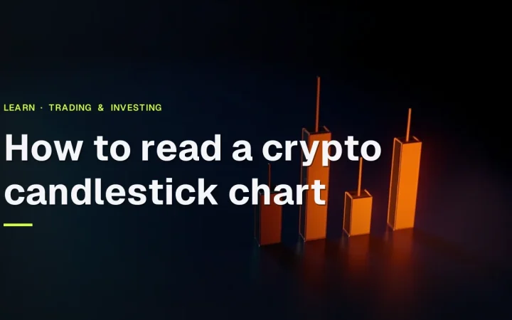 How to read a crypto candlestick chart title over a dark navy background with glowing glass candlestick shapes and an orange volume bar on the right.