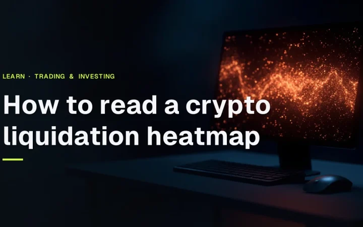 Titlen How to Read a Crypto Liquidation Heatmap over et mørkt skrivebord med en skærm, der viser glødende orange heatmap-klynger.