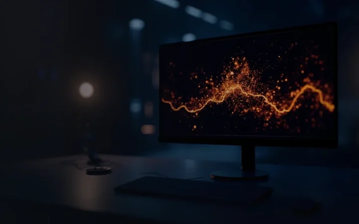 Et mørkt skrivebord med en skærm, der viser glødende orange heatmap-klynger.
